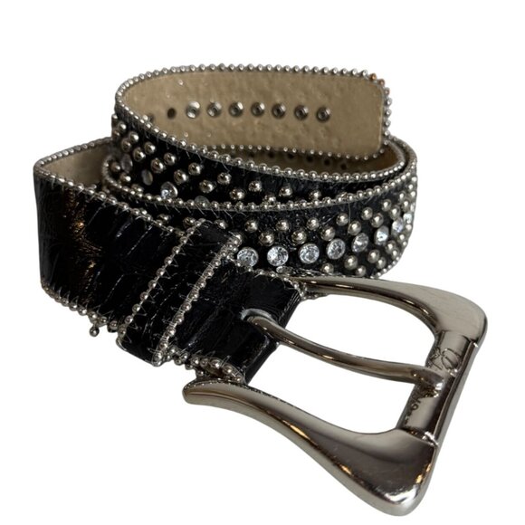 Y2K Guess Black Leather Rhinestone & Studded Belt With Silver Buckle M - Picture 1 of 4